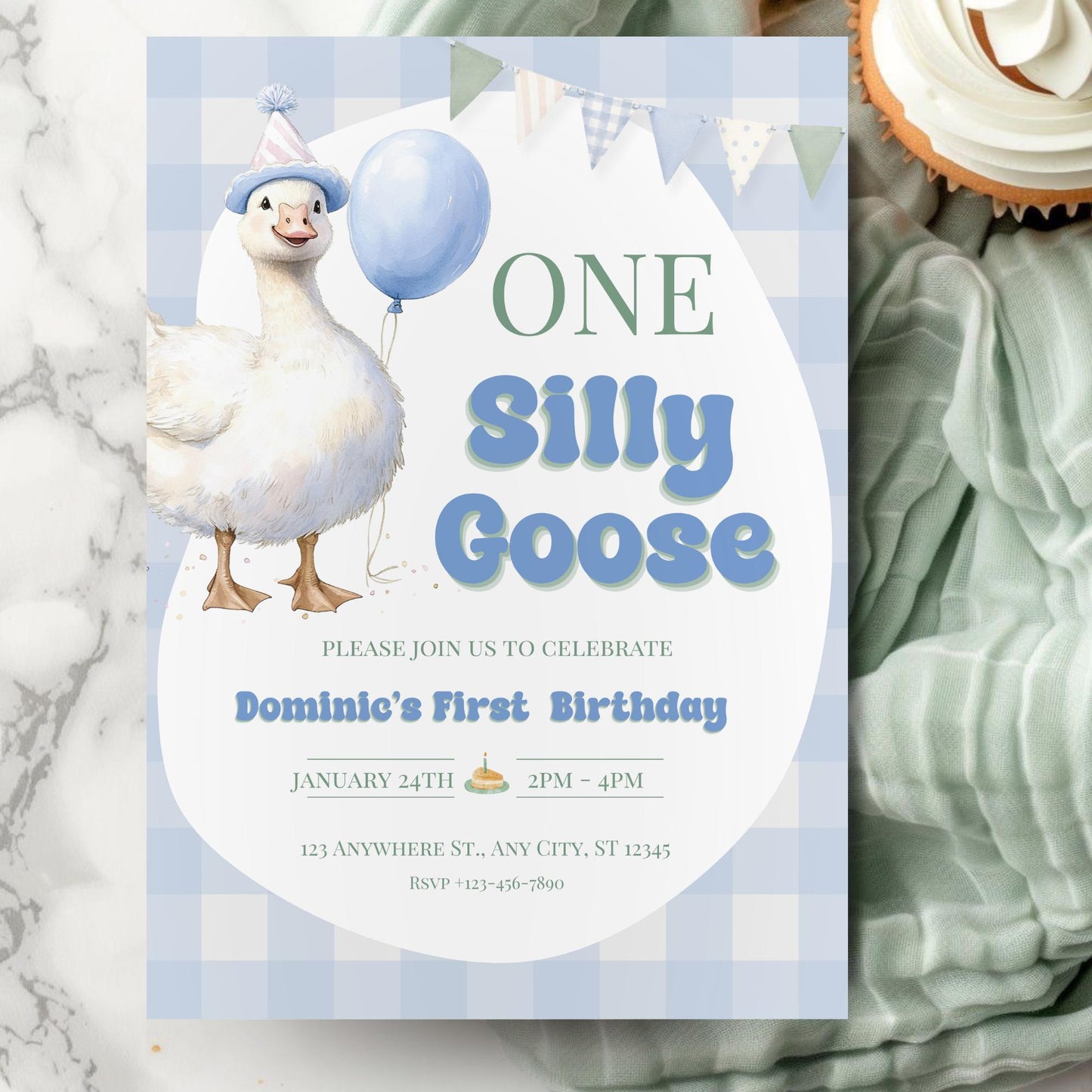 One Silly Goose First Birthday Invitation Template, Blue Gingham Goose Birthday Invite, Editable Digital Evite & Printable Invitation