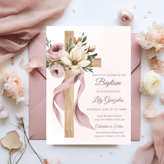 Editable Floral Baptism Invitation, Elegant Dusty Pink Flower Cross Invite, Girl Baptism Digital Template, Religious Christening Girl Invite