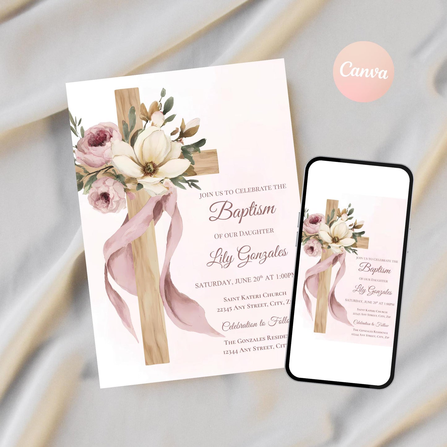 Editable Floral Baptism Invitation, Elegant Dusty Pink Flower Cross Invite, Girl Baptism Digital Template, Religious Christening Girl Invite