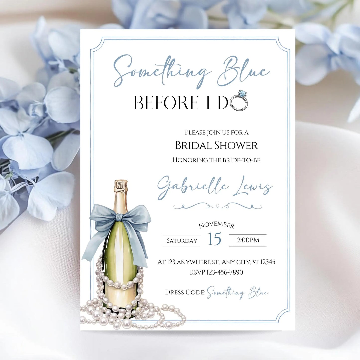 Something Blue Before I Do Bridal Shower Invitation, Editable Dusty Blue Champagne & Pearls Bridal Shower Template