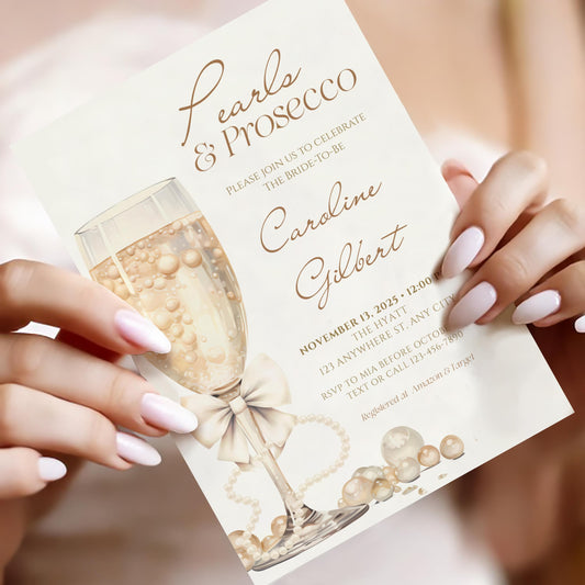 Pearls and Prosecco Bridal Shower Invitation Template, Elegant Champagne Bridal Shower Invite, Printable Minimalist Pearl Shower Download