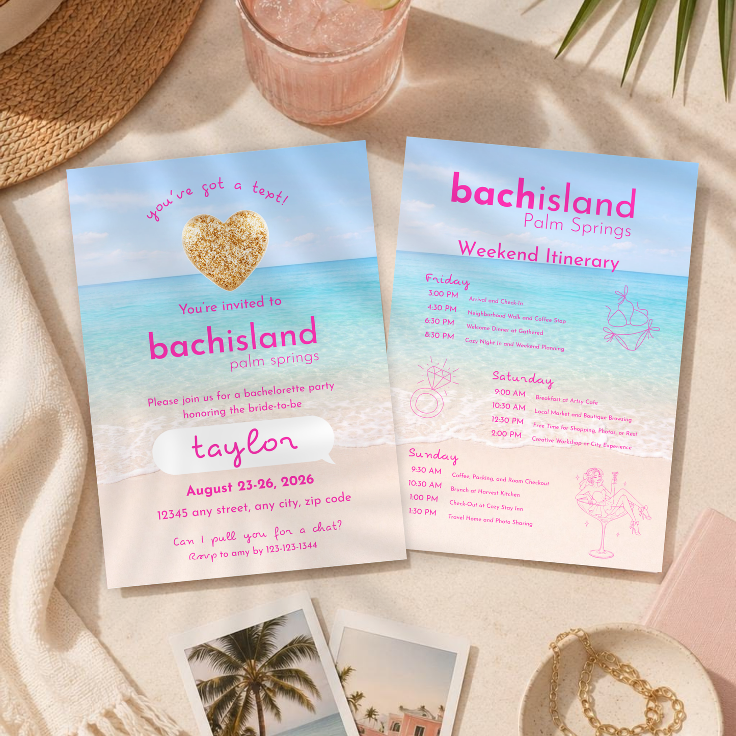 Bachisland Bachelorette Invitation Template, Tropical Beach Digital Invite with Optional Weekend Itinerary, Editable 5x7 & Mobile Evite