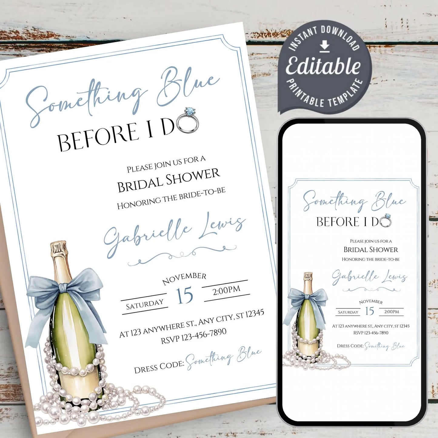 Something Blue Before I Do Bridal Shower Invitation, Editable Dusty Blue Champagne & Pearls Bridal Shower Template