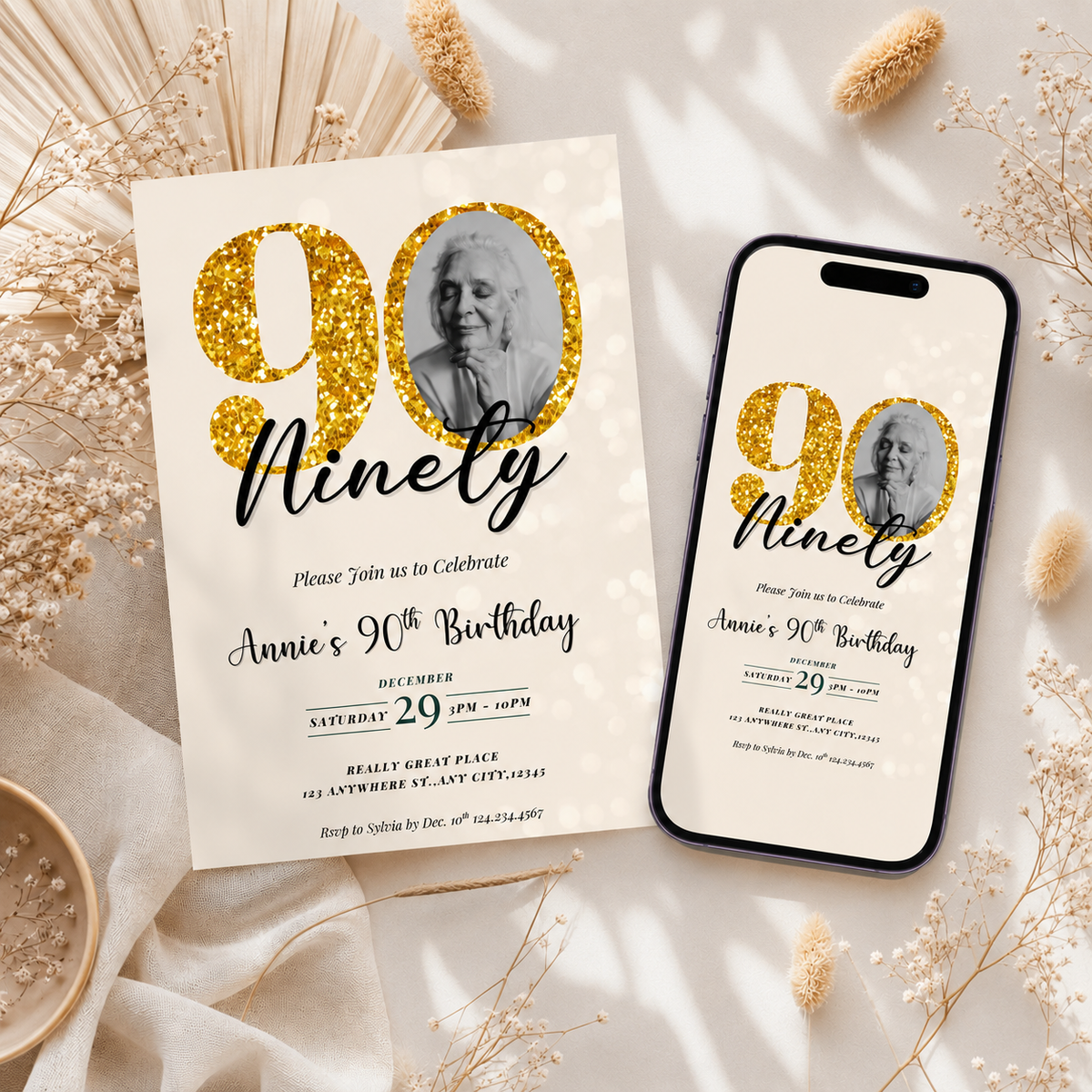 Ninety 90th Birthday Photo Invitation