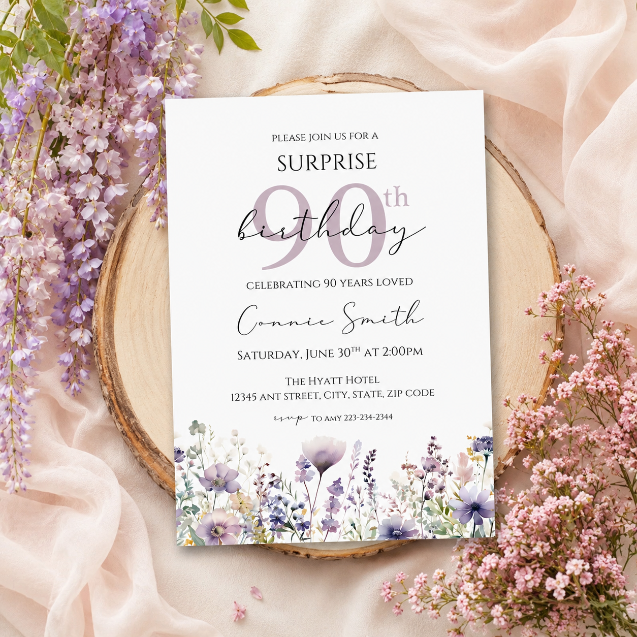 Purple Floral Surprise 90th Birthday Invitation, 90 Years Loved Wildflower Invite, 90th Celebration for Her Template