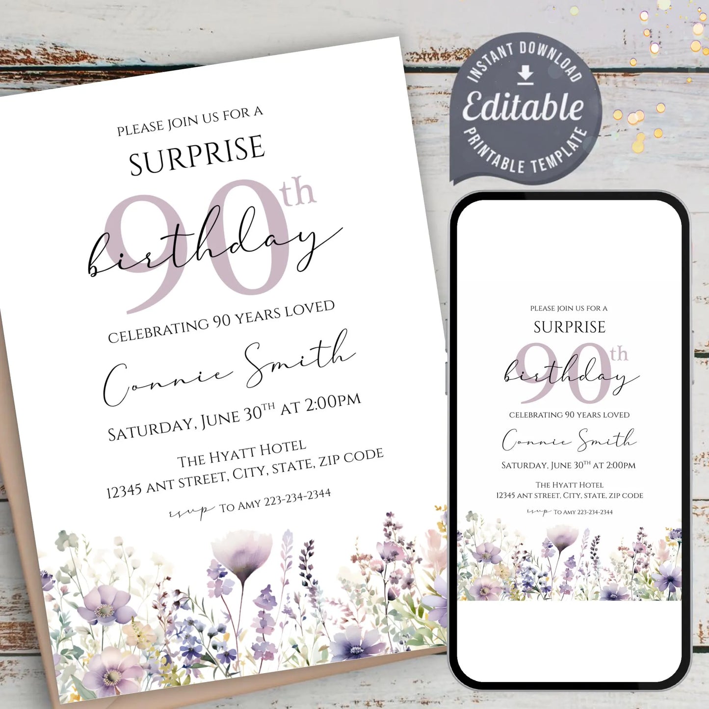 Purple Floral Surprise 90th Birthday Invitation, 90 Years Loved Wildflower Invite, 90th Celebration for Her Template