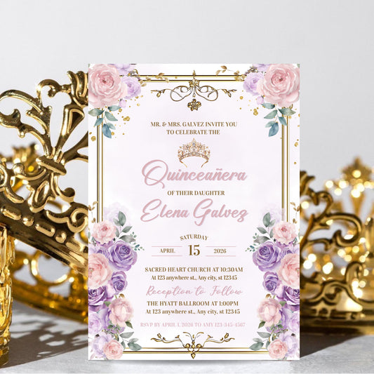 Floral Purple and Pink Quinceañera Invitation, Elegant Mis Quince Años 15th Birthday Invite, Lilac Sweet 16 Invite, Quince Party Download
