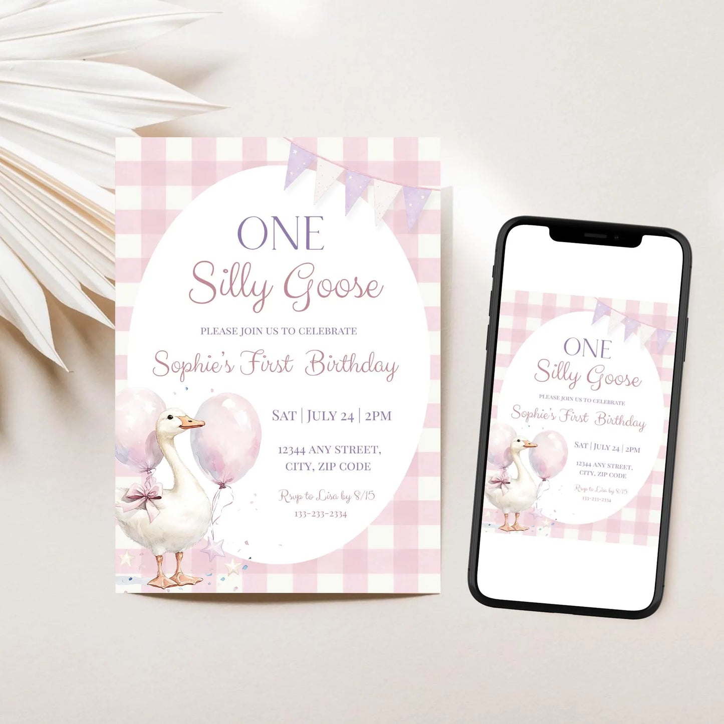 One Silly Goose Birthday Invitation, Pink Gingham Silly Goose 1st Birthday Template, Editable Canva Download Silly Goose Theme