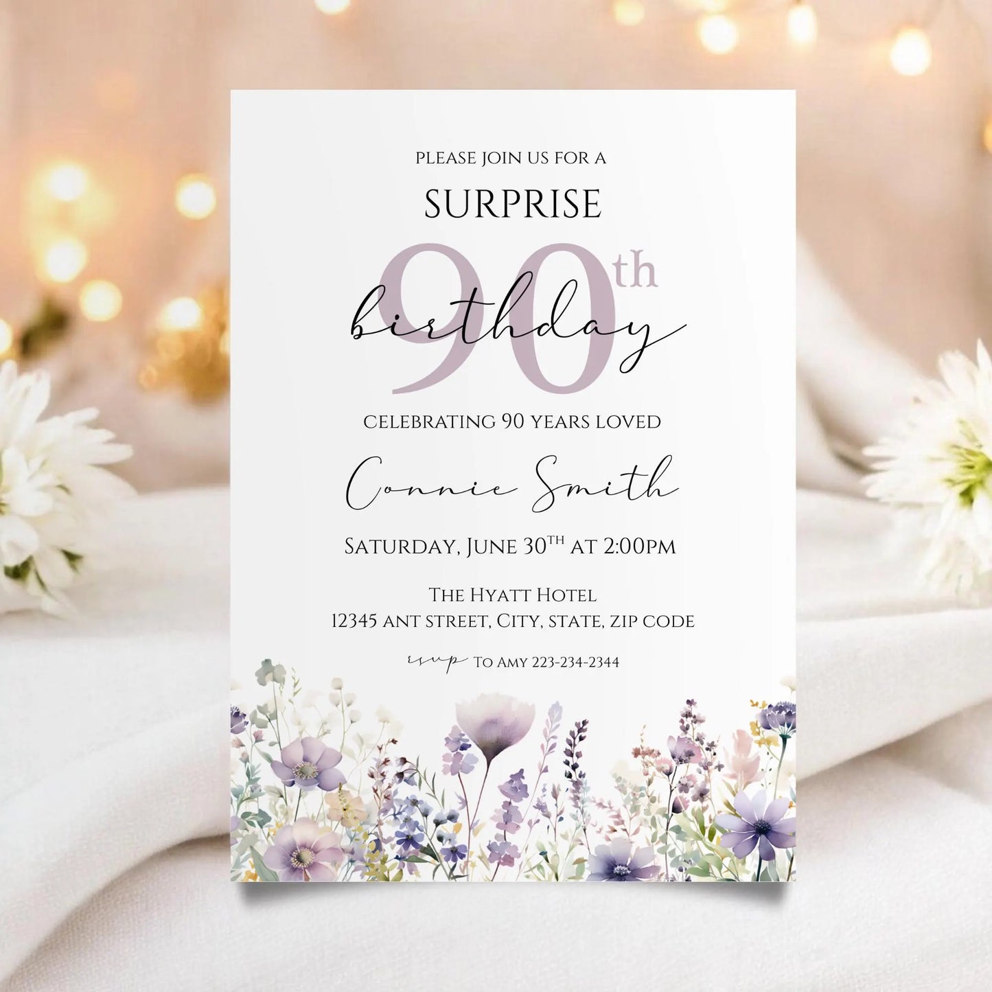 Purple Floral Surprise 90th Birthday Invitation, 90 Years Loved Wildflower Invite, 90th Celebration for Her Template