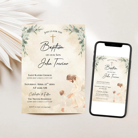 Editable Baptism Invitation Template, Boy or Girl Christening Invite, Religious Jesus with Child, Baptism Digital Download, Boy Baptism