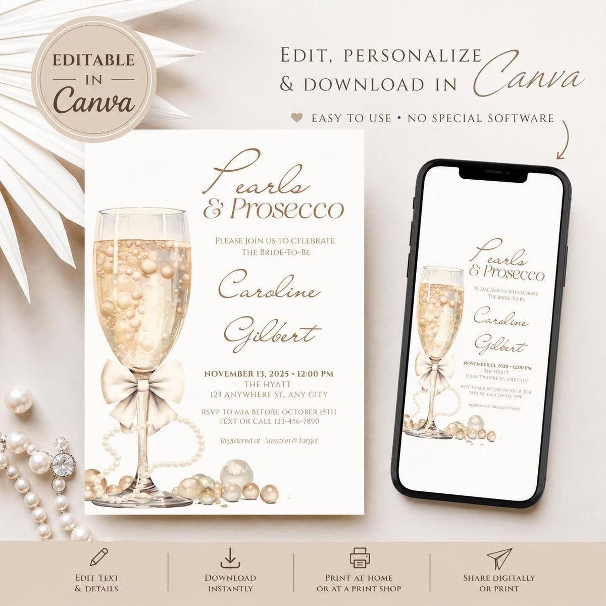 Pearls and Prosecco Bridal Shower Invitation