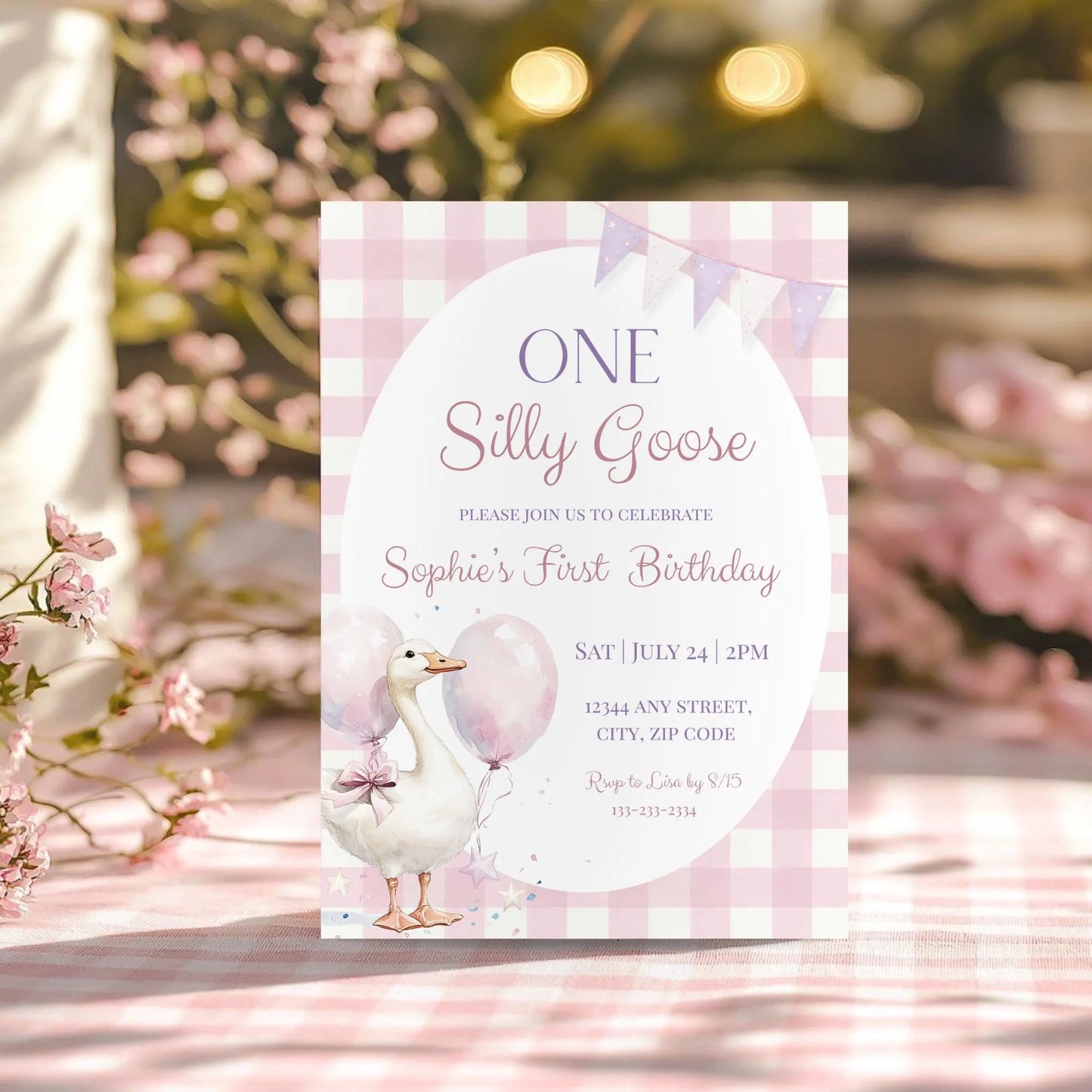 One Silly Goose Birthday Invitation, Pink Gingham Silly Goose 1st Birthday Template, Editable Canva Download Silly Goose Theme