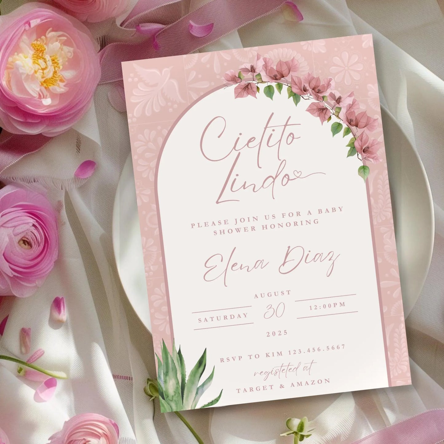 Pink Cielito Lindo Baby Shower Invitation Girl, Floral Mexican Baby Shower Girl Invite, Papel Picado Canva Template