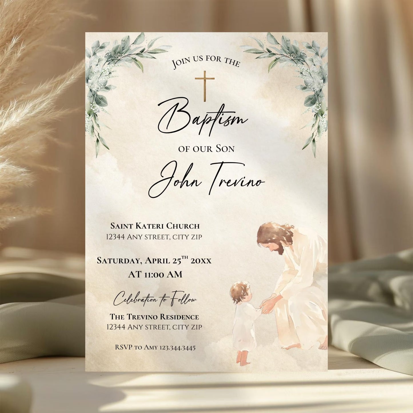 Editable Baptism Invitation Template, Boy or Girl Christening Invite, Religious Jesus with Child, Baptism Digital Download, Boy Baptism