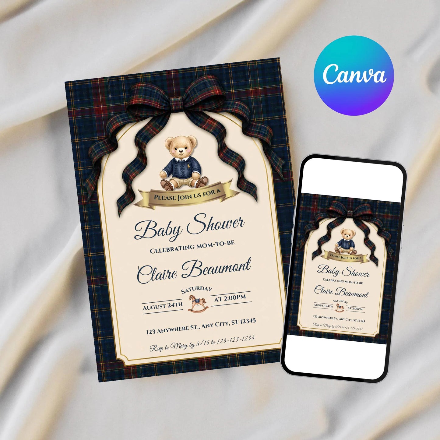 Vintage Polo Teddy Bear Baby Shower Invitation Bundle, Editable Luxury Teddy Bear Baby Shower Digital Template