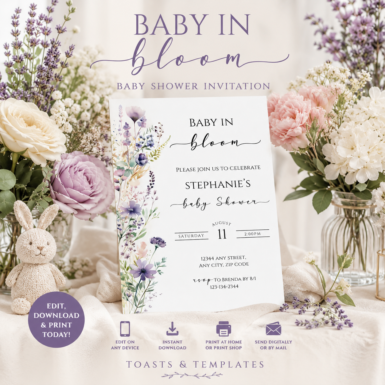 Baby in Bloom Invitation, Wildflower Baby Shower Invite, Editable Baby in Bloom Baby Shower Template, Floral Baby Shower Digital Download