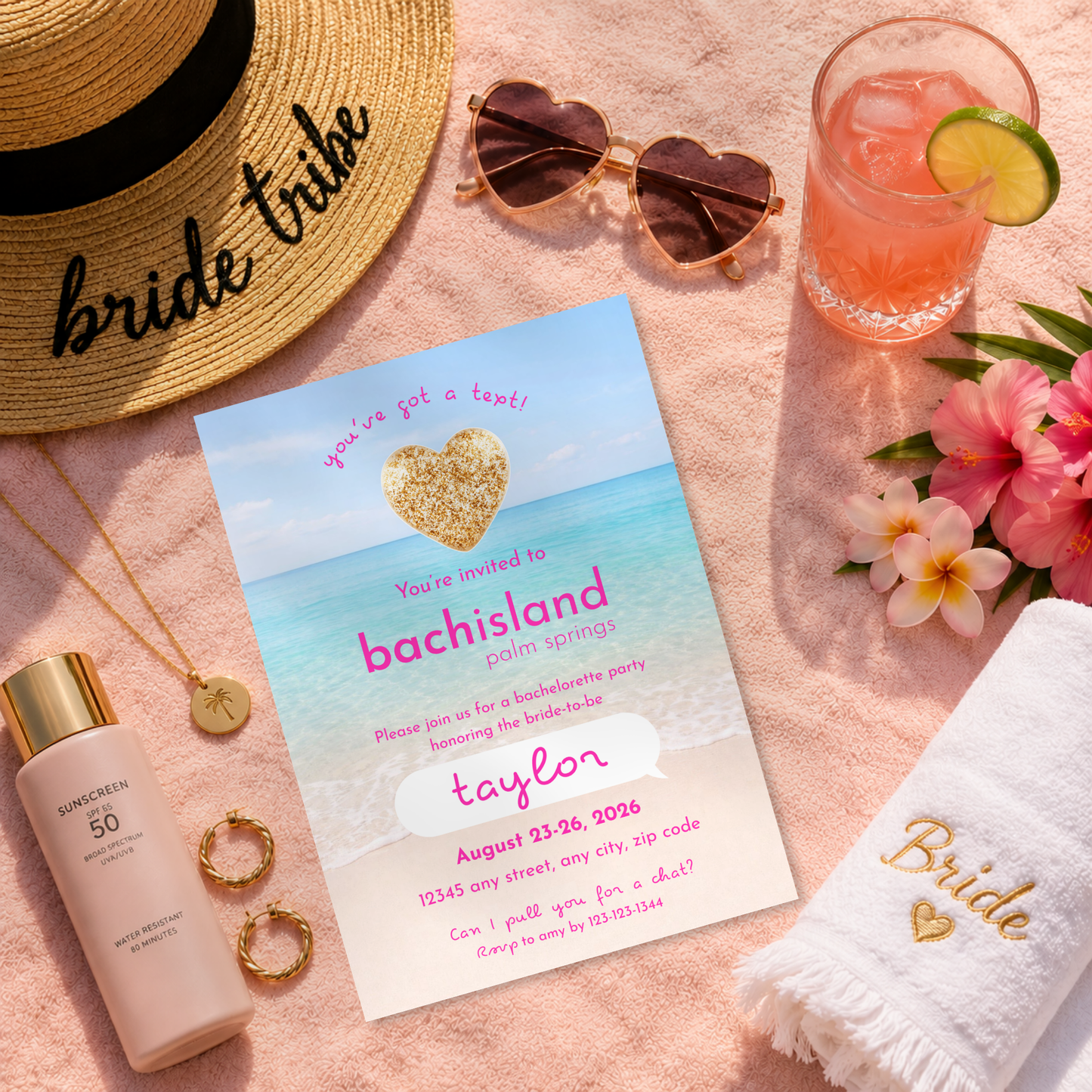 Bachisland Bachelorette Invitation Template, Tropical Beach Digital Invite with Optional Weekend Itinerary, Editable 5x7 & Mobile Evite