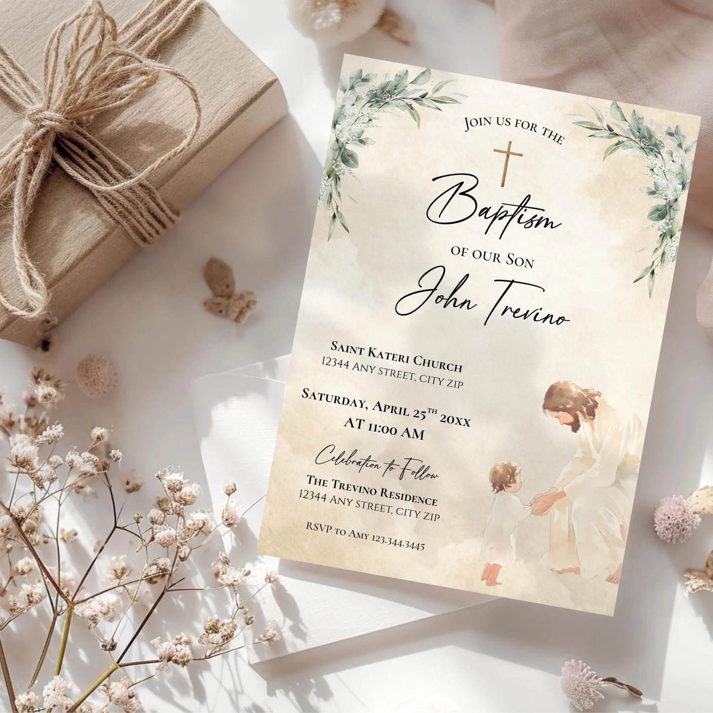 Editable Baptism Invitation Template, Boy or Girl Christening Invite, Religious Jesus with Child, Baptism Digital Download, Boy Baptism