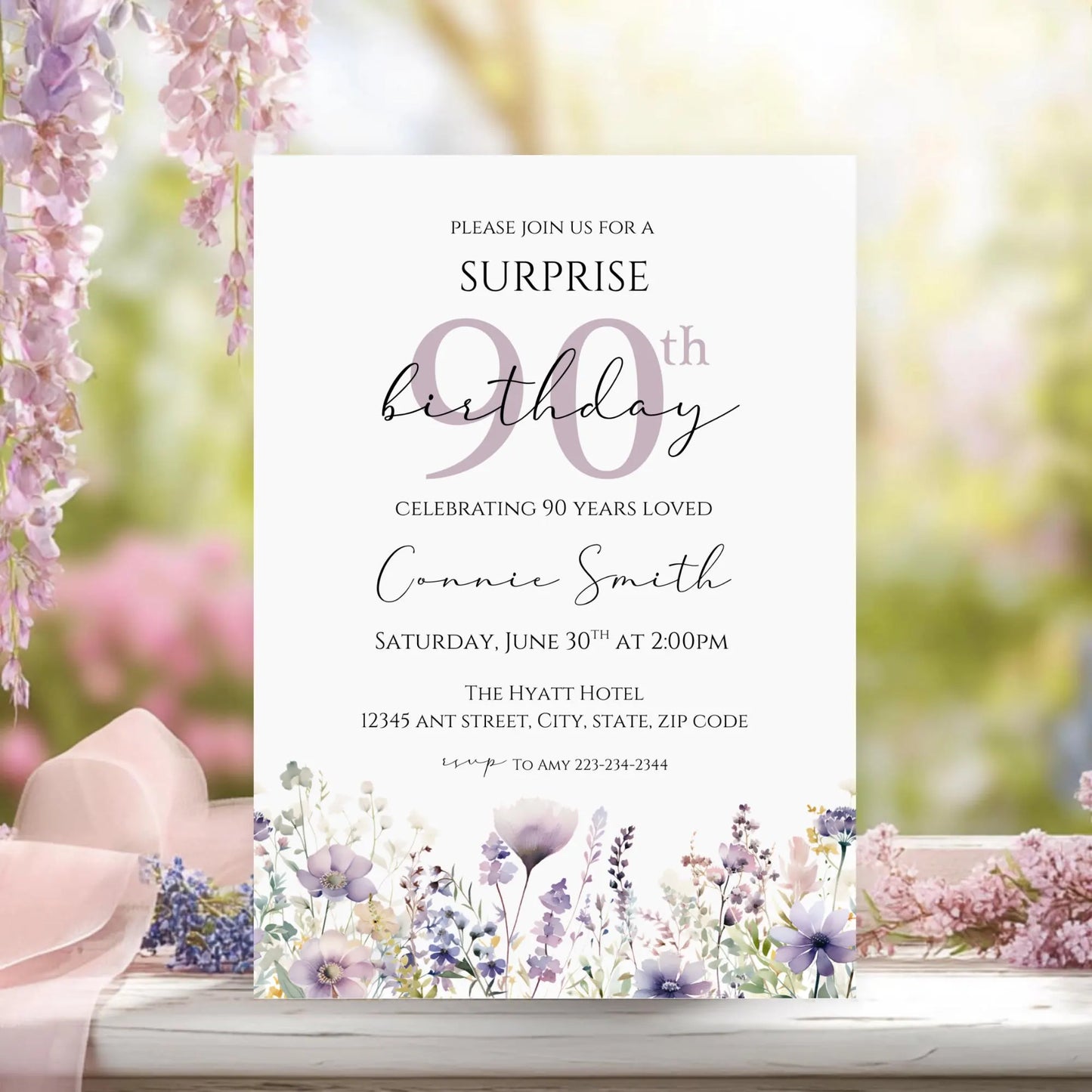 Purple Floral Surprise 90th Birthday Invitation, 90 Years Loved Wildflower Invite, 90th Celebration for Her Template