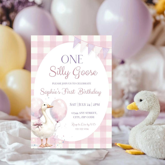 One Silly Goose Birthday Invitation, Pink Gingham Silly Goose 1st Birthday Template, Editable Canva Download Silly Goose Theme
