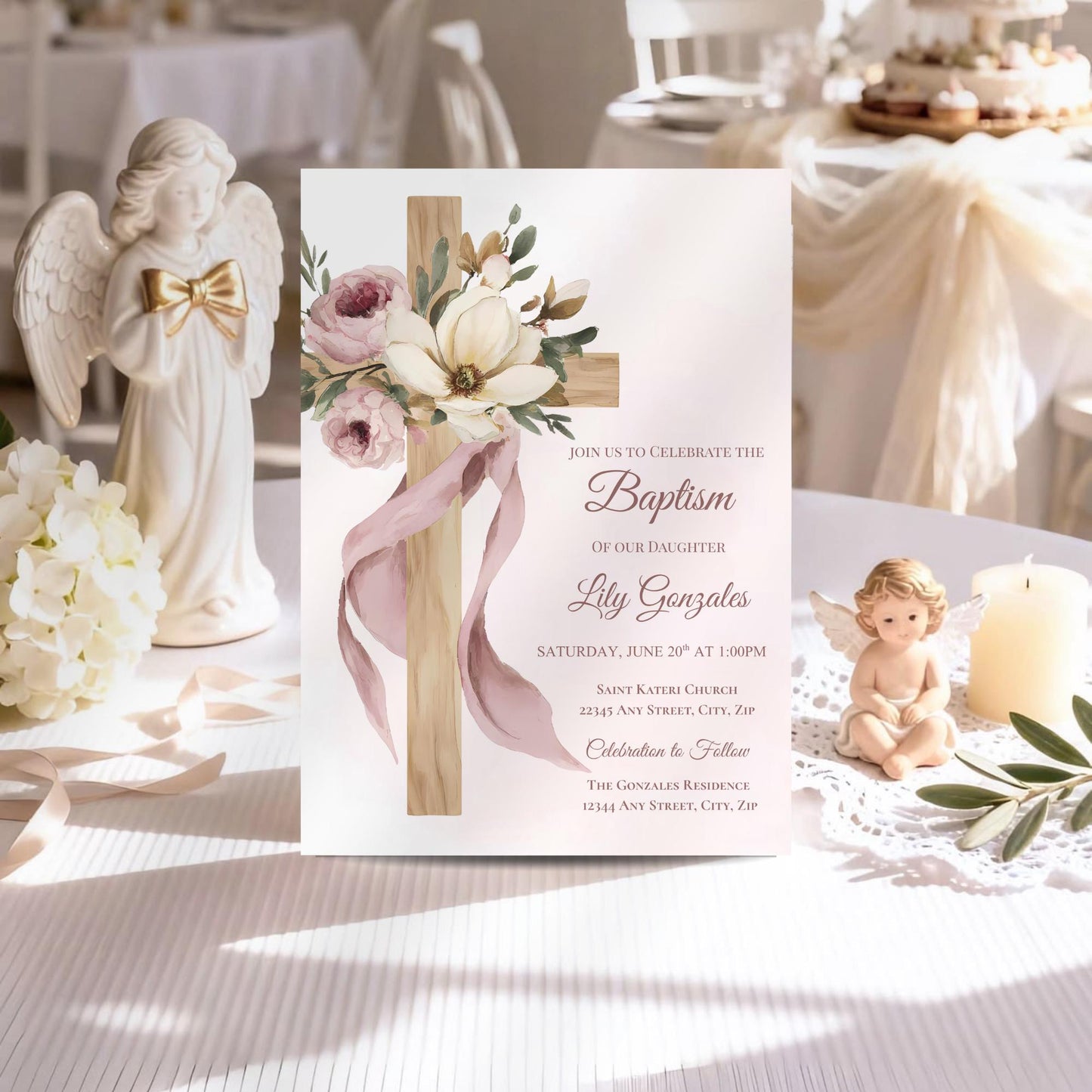 Editable Floral Baptism Invitation, Elegant Dusty Pink Flower Cross Invite, Girl Baptism Digital Template, Religious Christening Girl Invite
