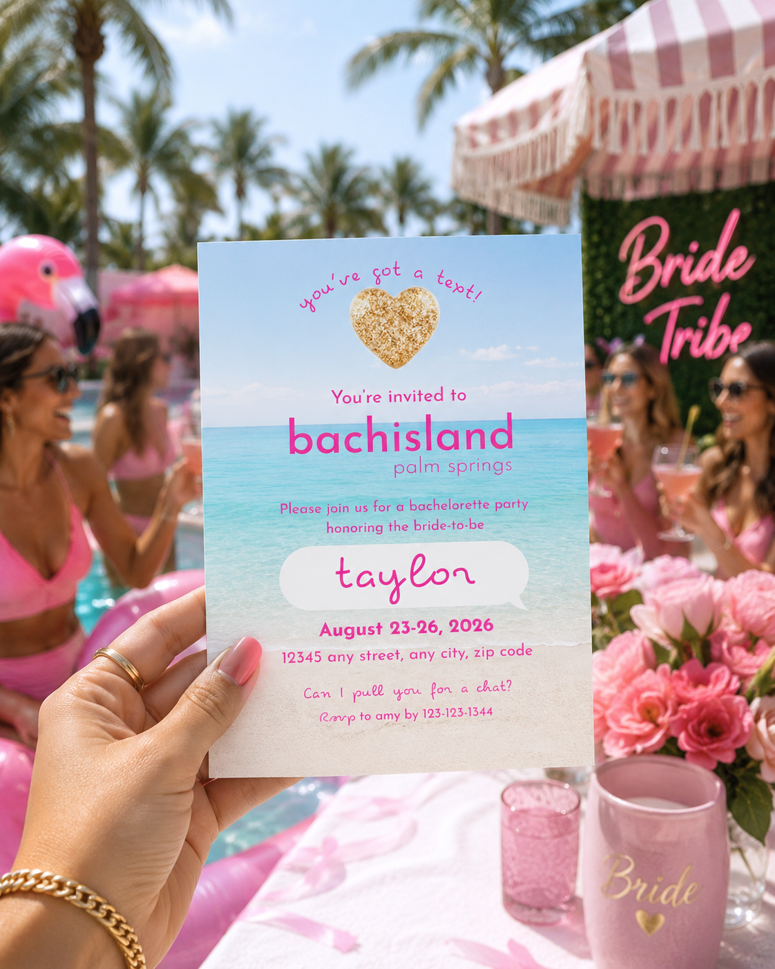 Bachisland Bachelorette Invitation Template, Tropical Beach Digital Invite with Optional Weekend Itinerary, Editable 5x7 & Mobile Evite