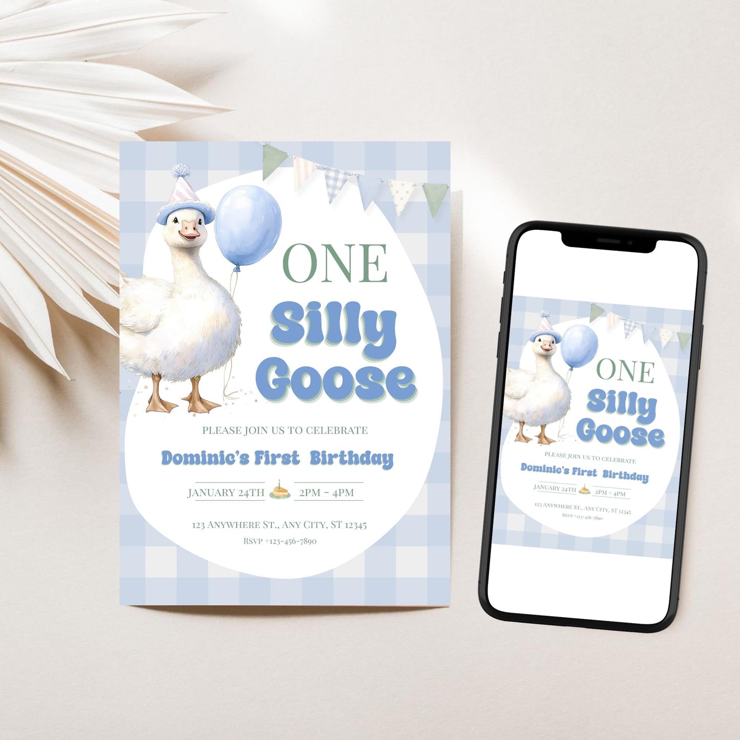 One Silly Goose First Birthday Invitation Template, Blue Gingham Goose Birthday Invite, Editable Digital Evite & Printable Invitation