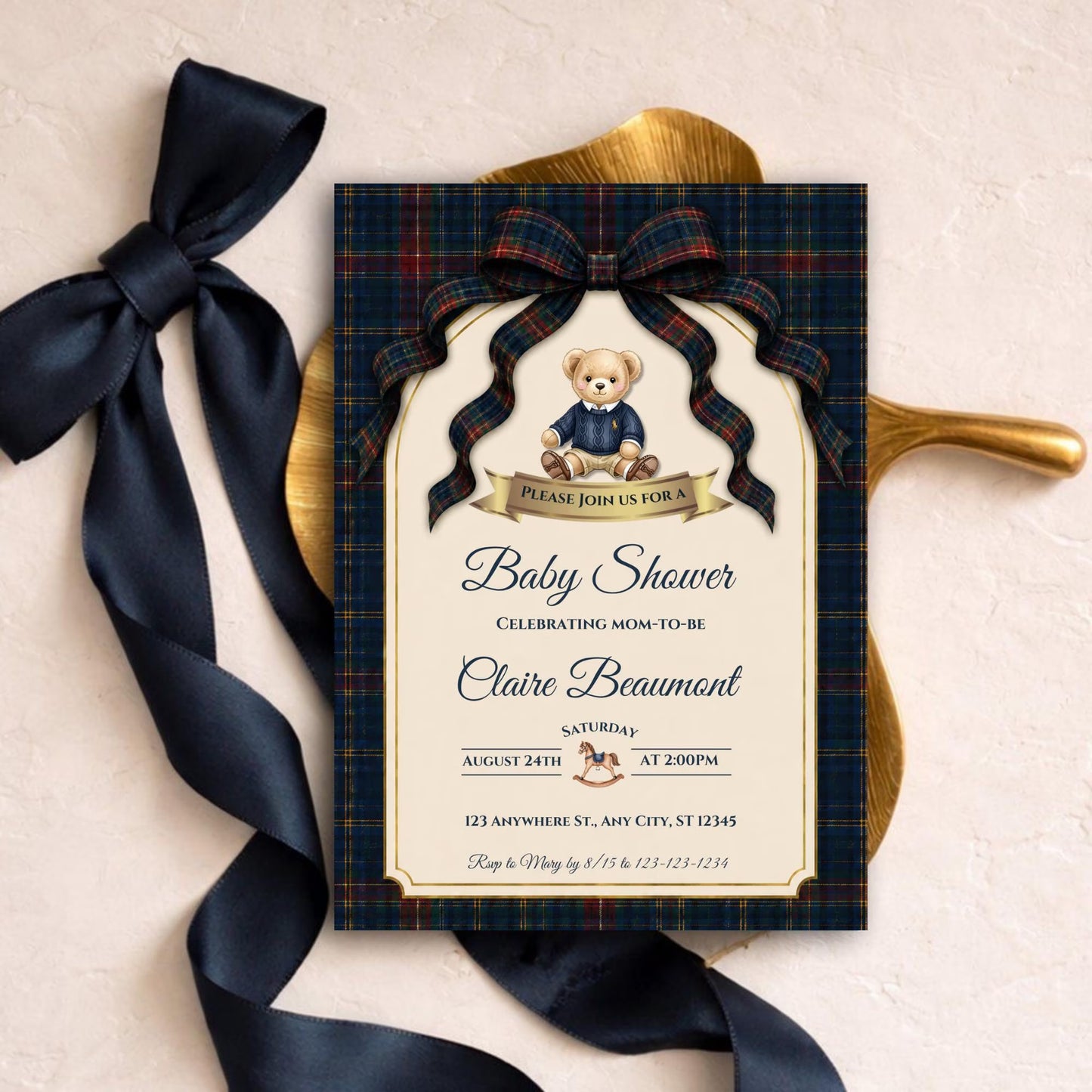 Vintage Polo Teddy Bear Baby Shower Invitation Bundle, Editable Luxury Teddy Bear Baby Shower Digital Template