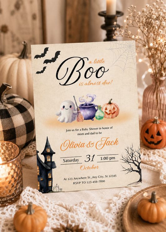A Little Boo Is Almost Due Halloween Baby Shower Invitation Bundle