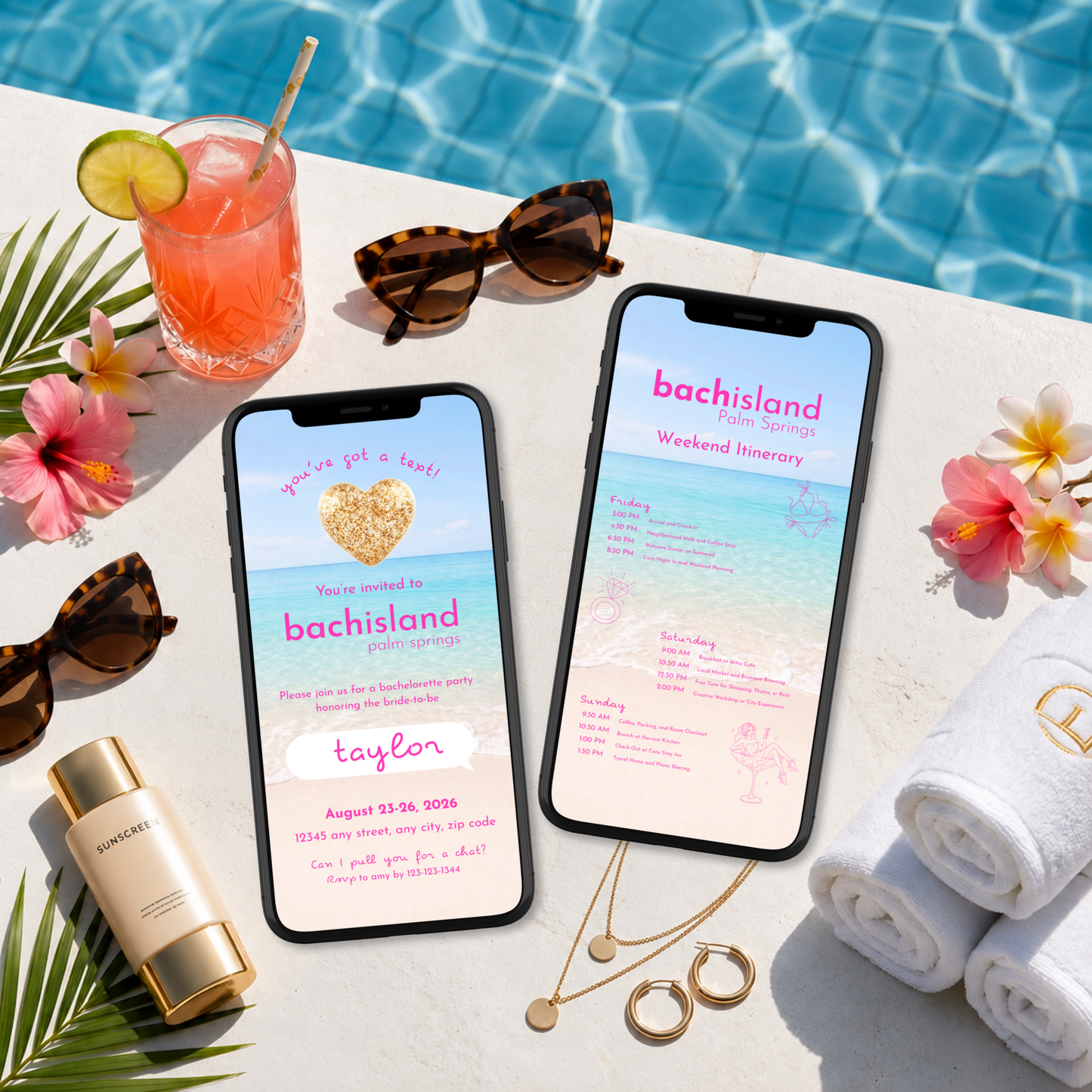 Bachisland Bachelorette Invitation Template, Tropical Beach Digital Invite with Optional Weekend Itinerary, Editable 5x7 & Mobile Evite