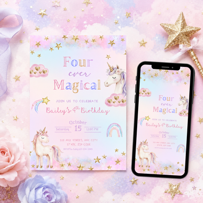 Four Ever Magical Unicorn 4th Birthday Invitation