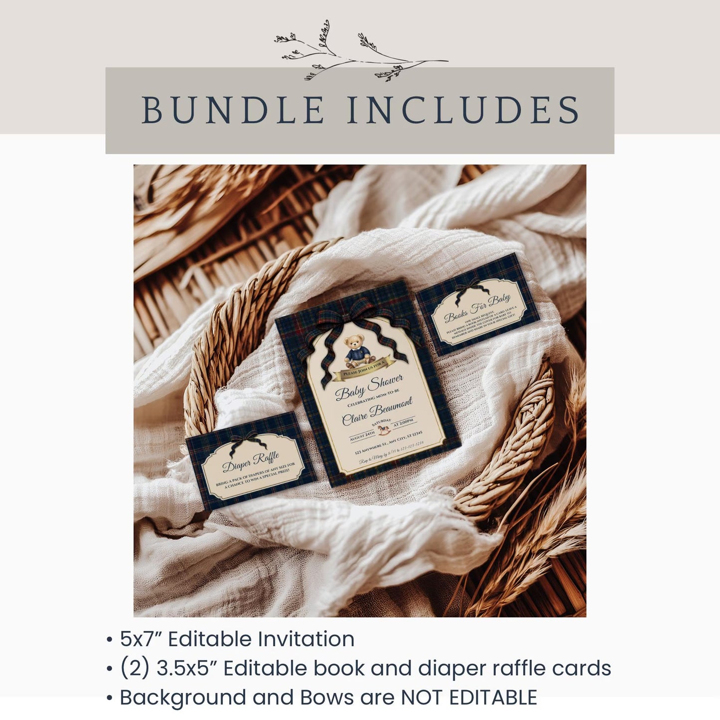 Vintage Polo Teddy Bear Baby Shower Invitation Bundle, Editable Luxury Teddy Bear Baby Shower Digital Template