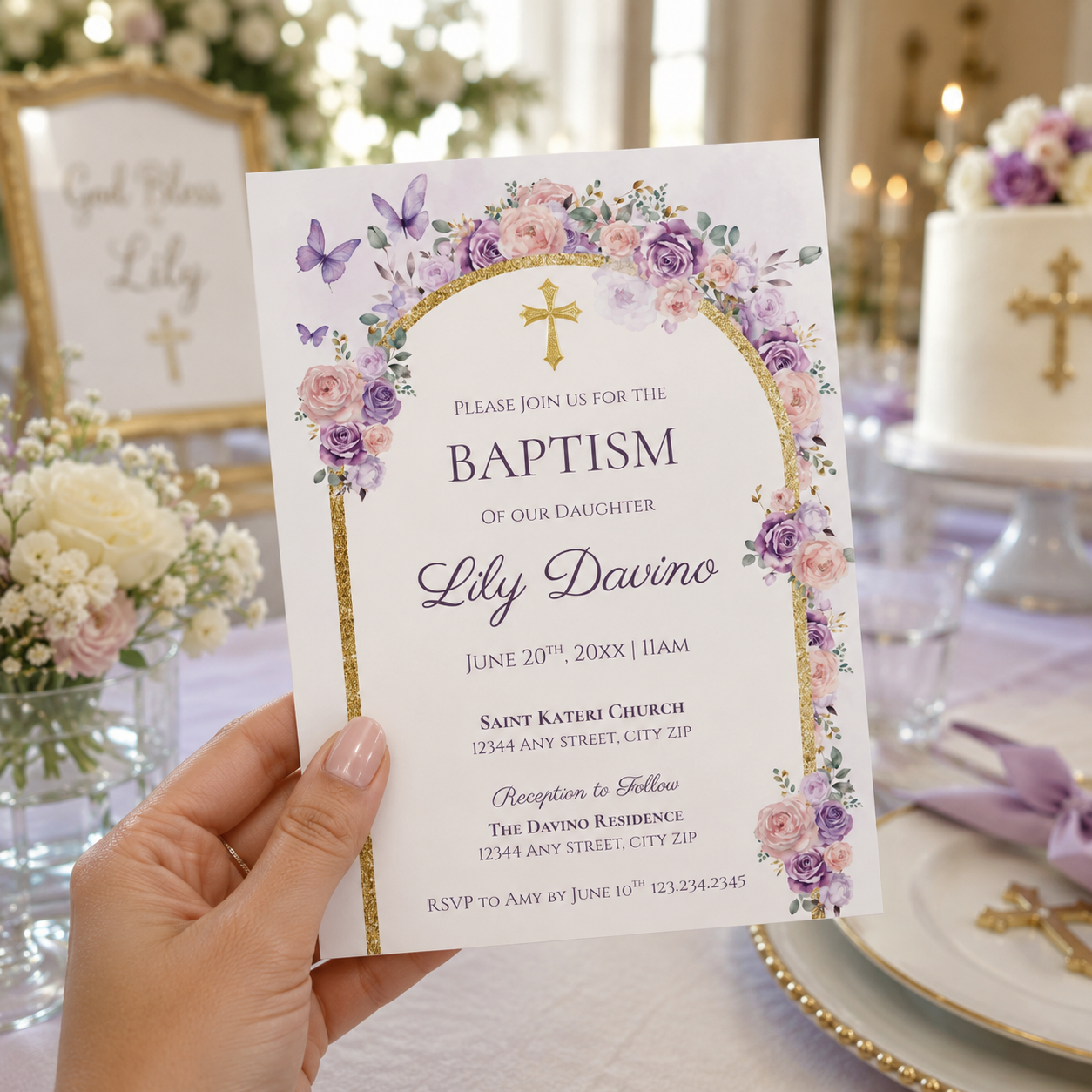 Floral Baptism Invitation Girl, Pink & Purple Christening Printable Invite, Butterfly Religious Baptism Canva Template Digital Download