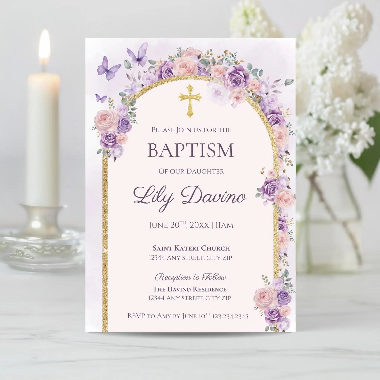 Floral Baptism Invitation Girl, Pink & Purple Christening Printable Invite, Butterfly Religious Baptism Canva Template Digital Download