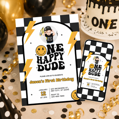 One Happy Dude First Birthday Photo Invitation