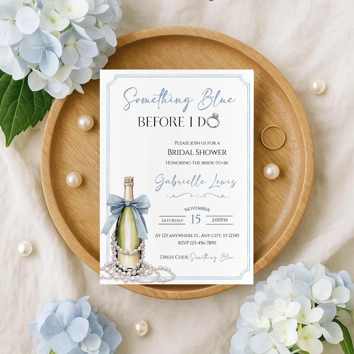 Something Blue Before I Do Bridal Shower Invitation, Editable Dusty Blue Champagne & Pearls Bridal Shower Template