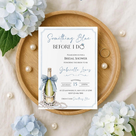 Something Blue Before I Do Bridal Shower Invitation, Editable Dusty Blue Champagne & Pearls Bridal Shower Template