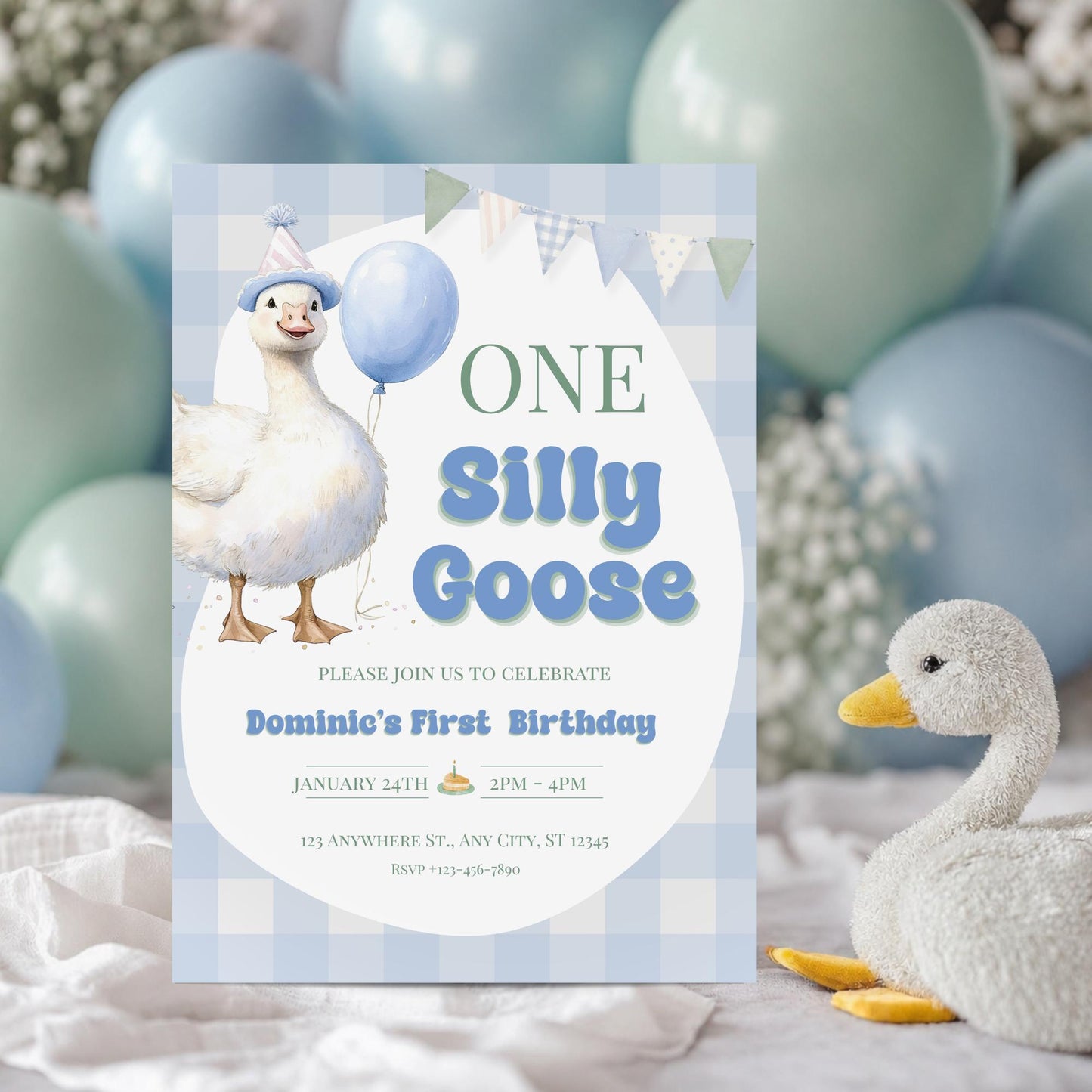 One Silly Goose First Birthday Invitation Template, Blue Gingham Goose Birthday Invite, Editable Digital Evite & Printable Invitation