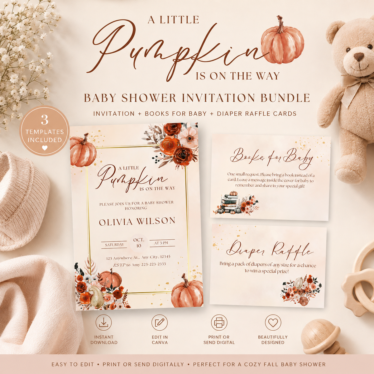 Little Pumpkin on the Way Baby Shower Invitation Bundle