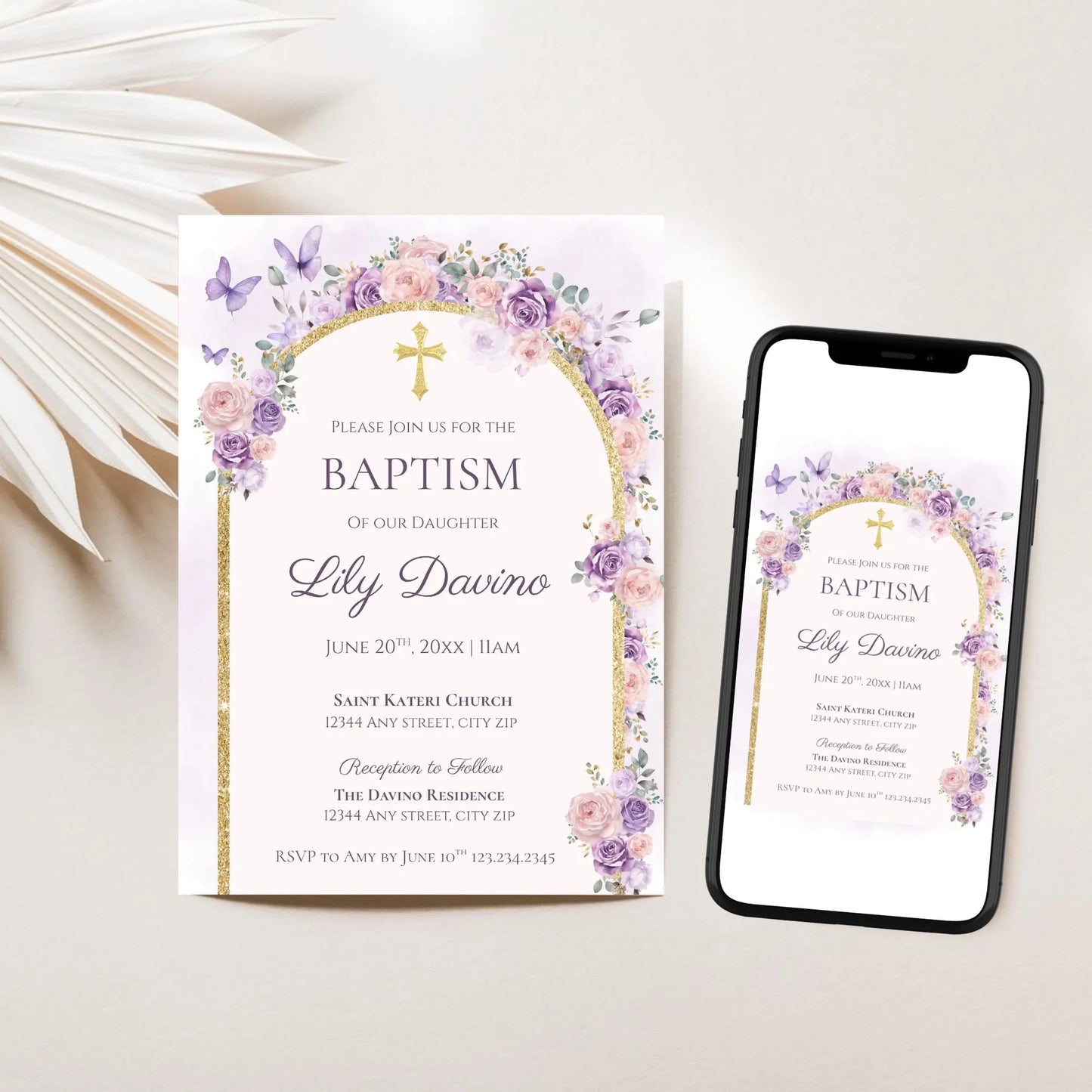 Floral Baptism Invitation Girl, Pink & Purple Christening Printable Invite, Butterfly Religious Baptism Canva Template Digital Download