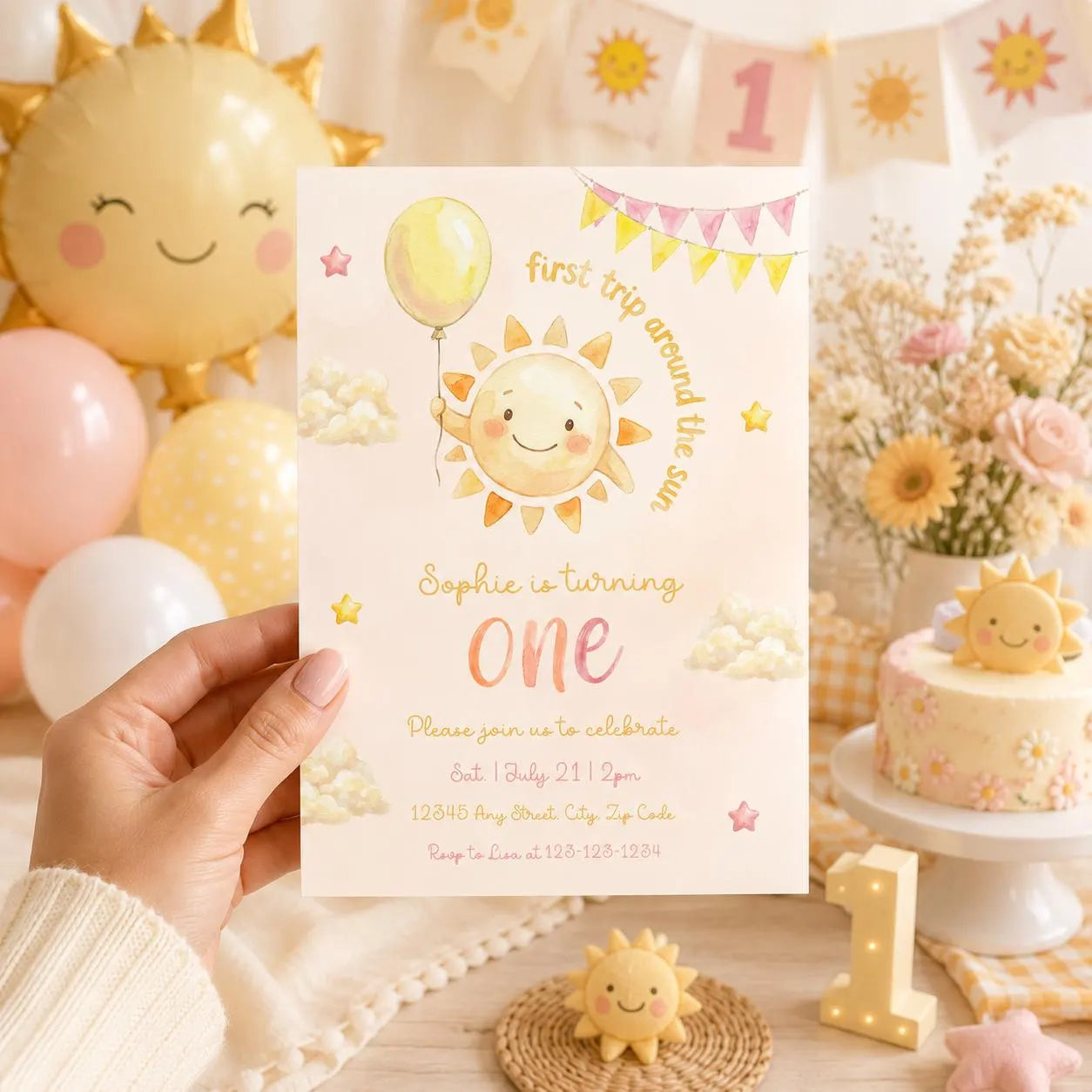 First Trip Around the Sun Birthday Invitation, Editable Sunshine First Birthday Invite, Girl First Trip Around the Sun Digital Download