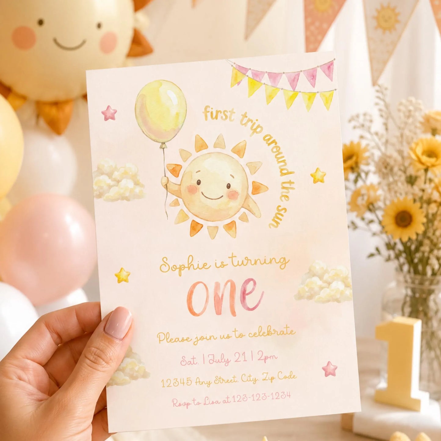 First Trip Around the Sun Birthday Invitation, Editable Sunshine First Birthday Invite, Girl First Trip Around the Sun Digital Download