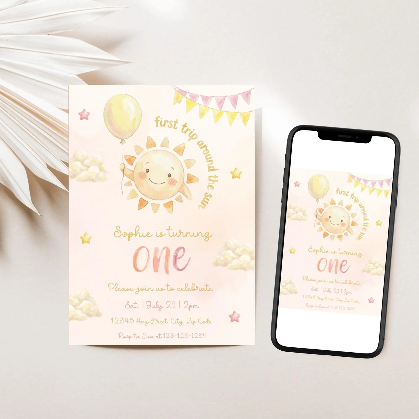 First Trip Around the Sun Birthday Invitation, Editable Sunshine First Birthday Invite, Girl First Trip Around the Sun Digital Download