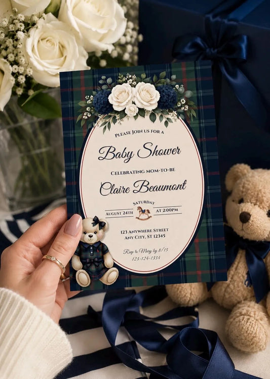 Polo Teddy Bear Baby Shower Invitation, Editable Vintage Teddy Bear Girl Baby Shower Digital Template, Floral Polo Plaid Baby Shower Invite