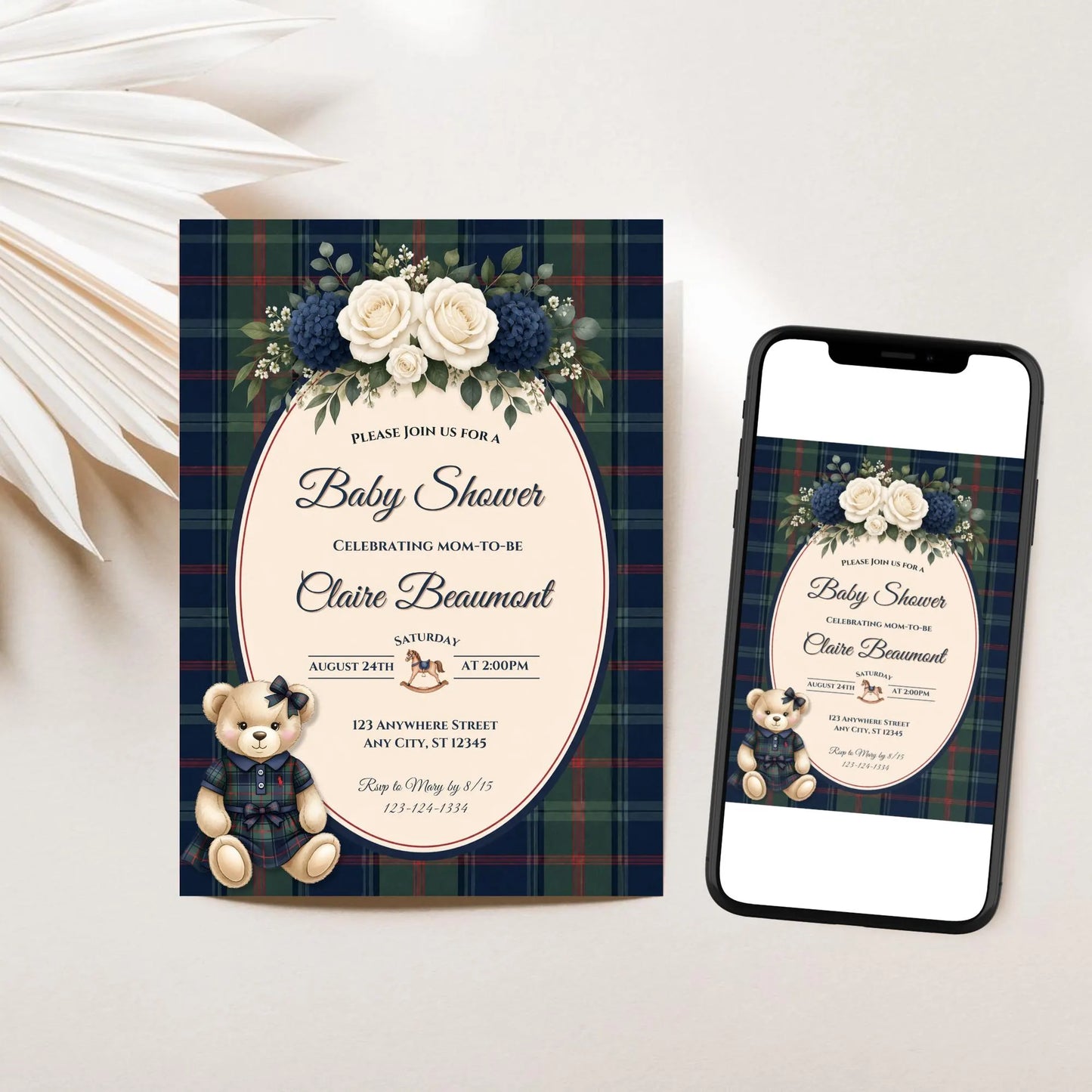 Polo Teddy Bear Baby Shower Invitation, Editable Vintage Teddy Bear Girl Baby Shower Digital Template, Floral Polo Plaid Baby Shower Invite