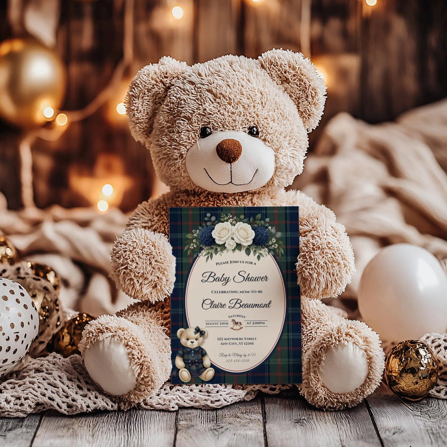 Polo Teddy Bear Baby Shower Invitation, Editable Vintage Teddy Bear Girl Baby Shower Digital Template, Floral Polo Plaid Baby Shower Invite