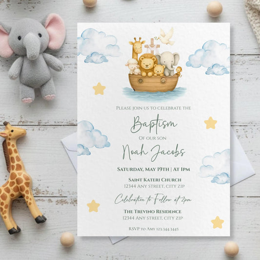 Noah’s Ark Baptism Invitation, Digital Boy Baptism Invite Noah’s Ark & Animals, Editable Religious Christening Evite Canva Template