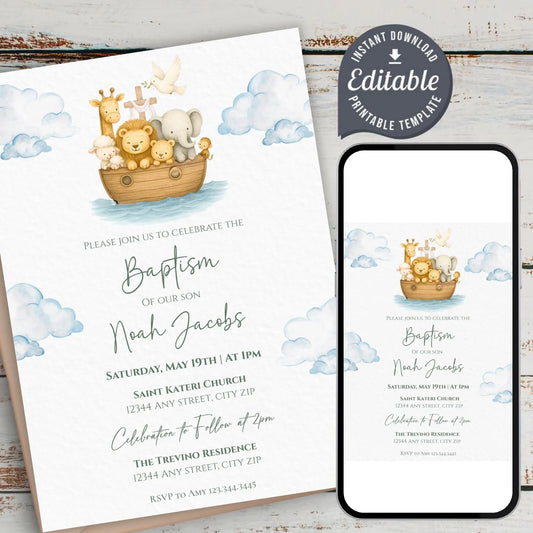 Noah’s Ark Baptism Invitation, Digital Boy Baptism Invite Noah’s Ark & Animals, Editable Religious Christening Evite Canva Template