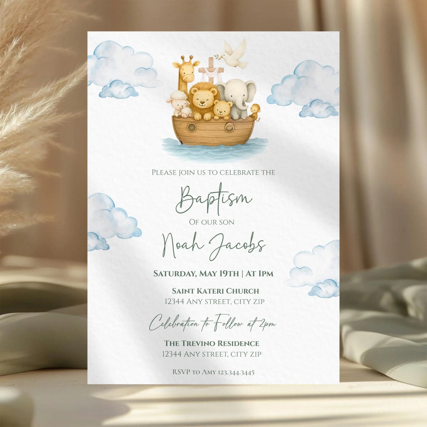 Noah’s Ark Baptism Invitation, Digital Boy Baptism Invite Noah’s Ark & Animals, Editable Religious Christening Evite Canva Template