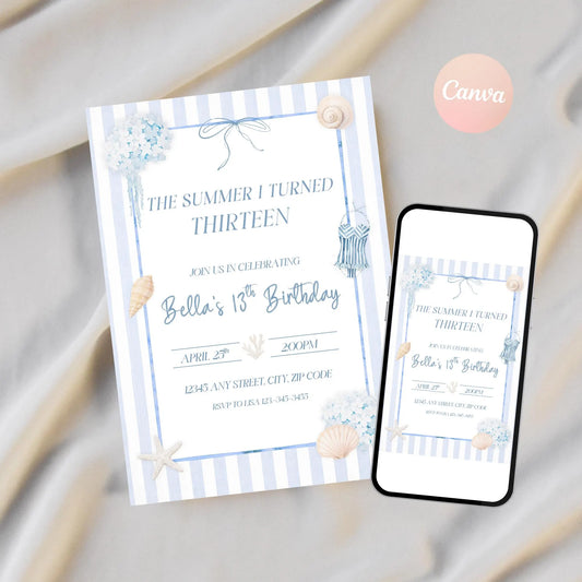 The Summer I Turned Birthday Invitation, Summer I Turned 13 Invite Digital Download, Any Age Summer Birthday Party Template, Beach Theme